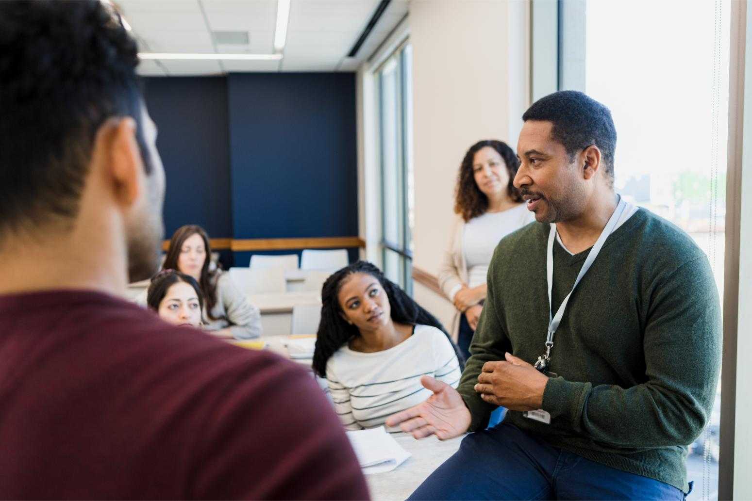 Group of people talking in a meeting